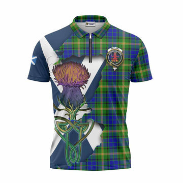 Maitland Tartan Family Crest Zipper Polo Shirt Scottish Thistle Celtic Inspired