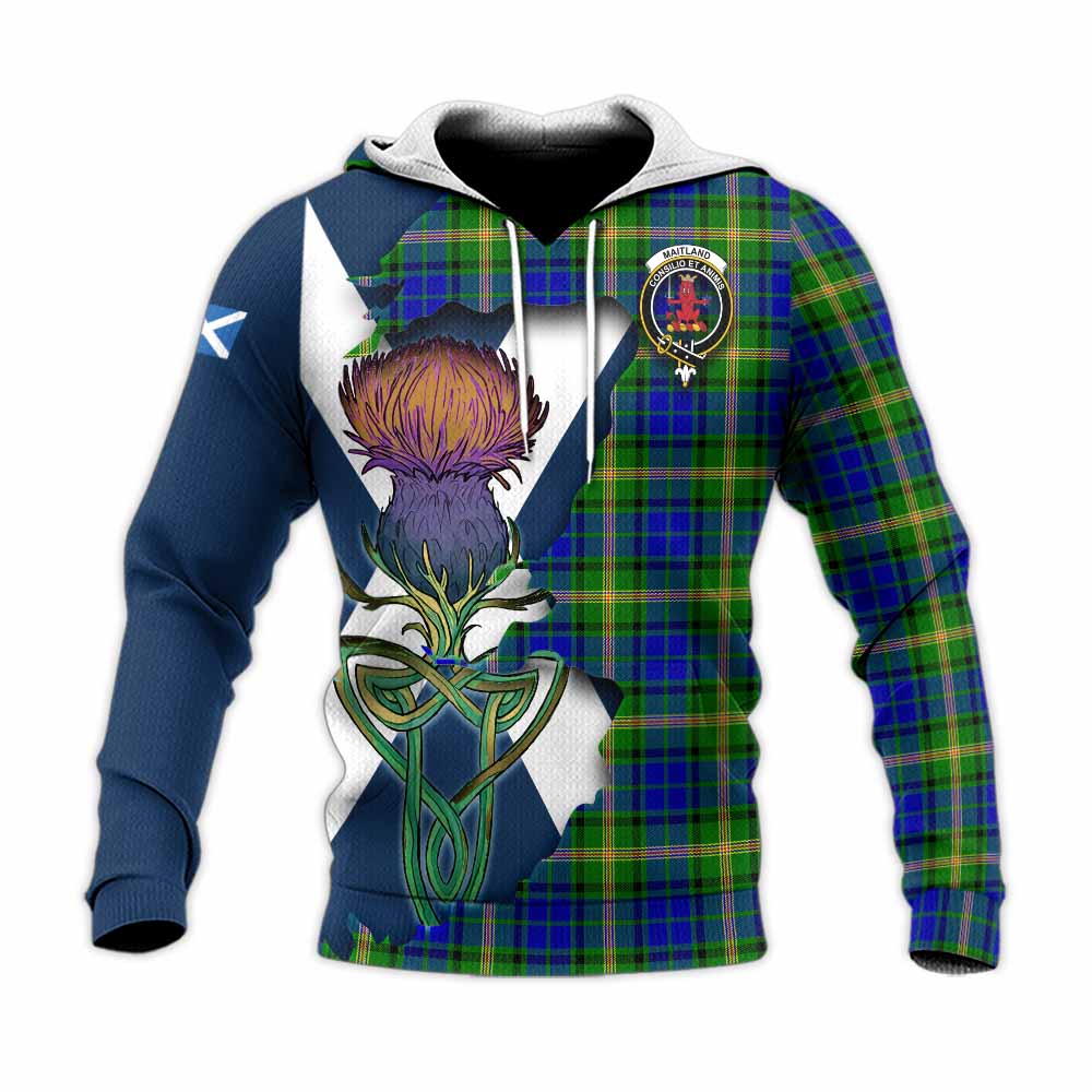 Tartan Vibes Clothing Maitland Tartan Family Crest Knitted Hoodie Scottish Thistle Celtic Inspired