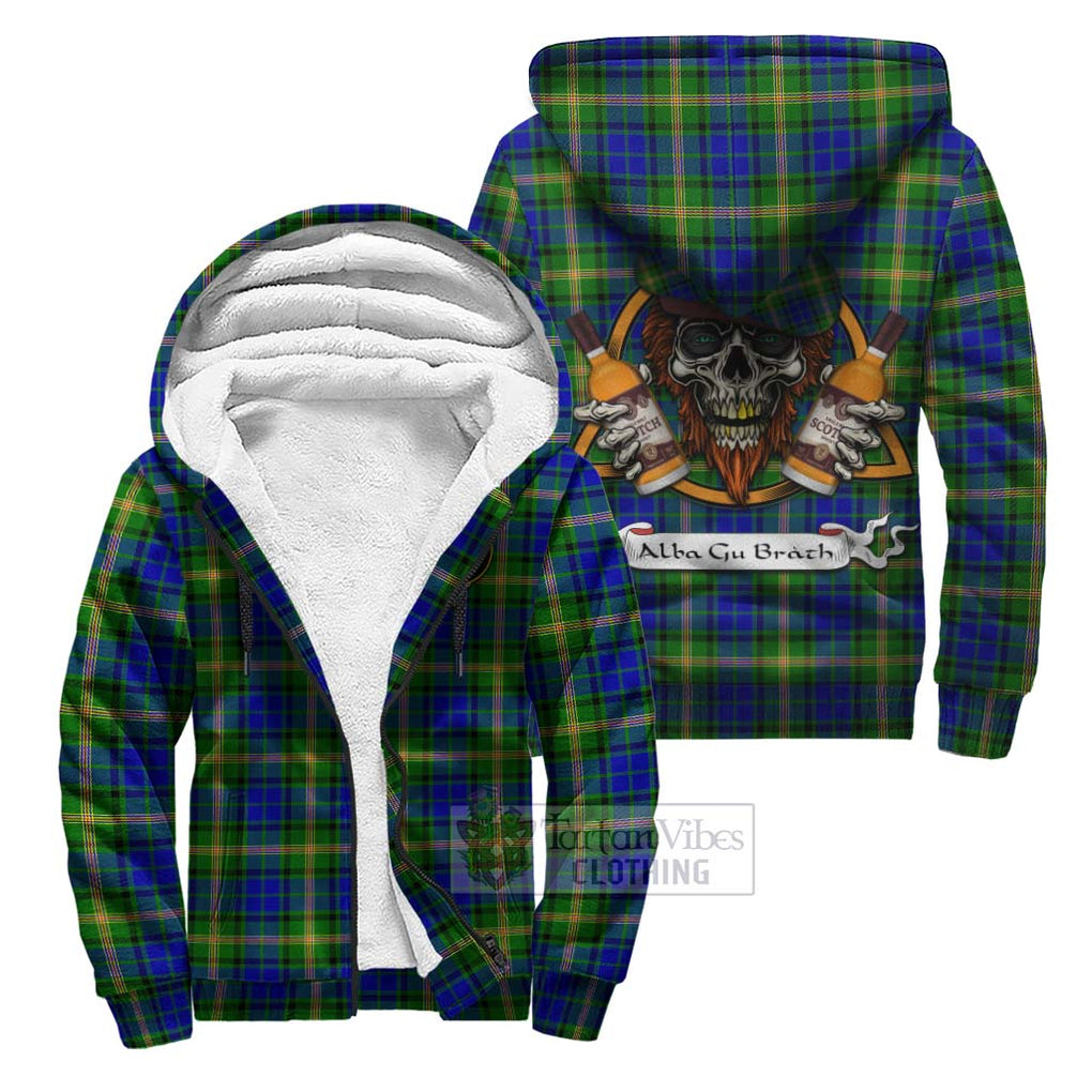 Tartan Vibes Clothing Maitland Tartan Sherpa Hoodie with Family Crest and Bearded Skull Holding Bottles of Whiskey