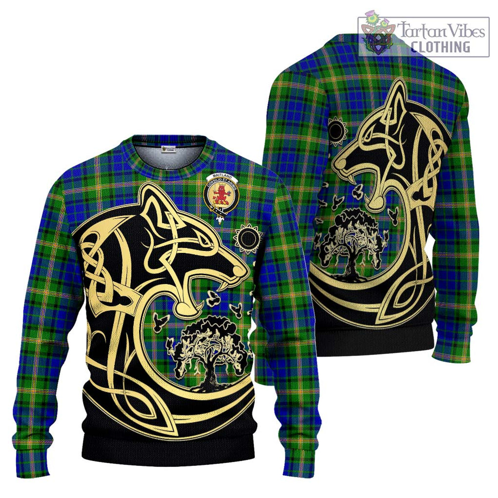 Maitland Tartan Knitted Sweater with Family Crest Celtic Wolf Style Unisex - Tartan Vibes Clothing