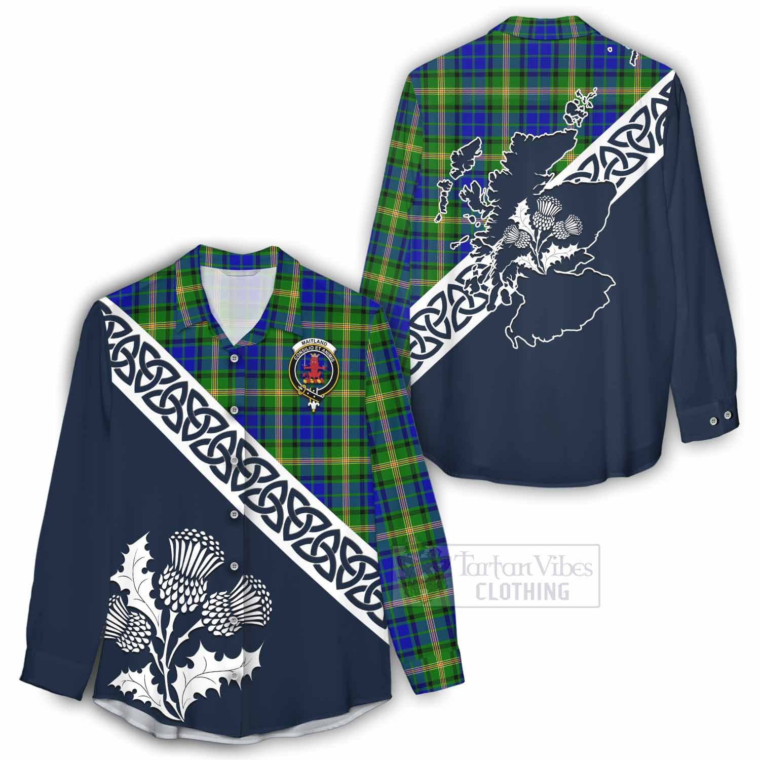 Tartan Vibes Clothing Maitland Tartan Women's Casual Shirt Featuring Thistle and Scotland Map