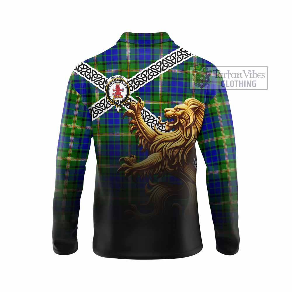 Tartan Vibes Clothing Maitland Crest Tartan Long Sleeve Polo Shirt with Golden Lion Emblem Celtic Style