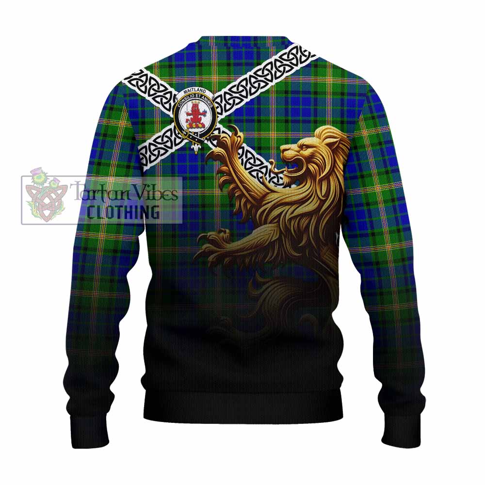 Tartan Vibes Clothing Maitland Crest Tartan Knitted Sweater with Golden Lion Emblem Celtic Style