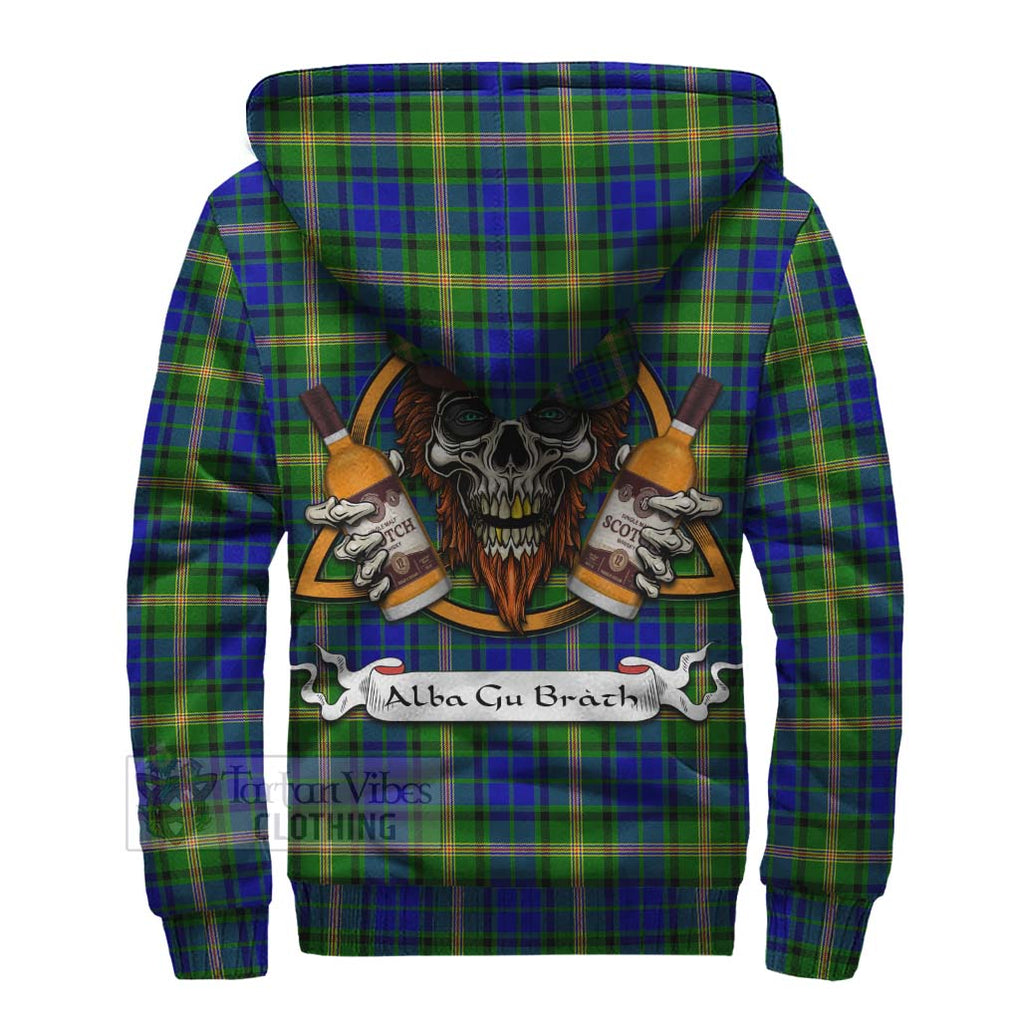 Tartan Vibes Clothing Maitland Tartan Sherpa Hoodie with Family Crest and Bearded Skull Holding Bottles of Whiskey