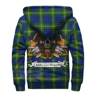 Maitland Tartan Sherpa Hoodie with Family Crest and Bearded Skull Holding Bottles of Whiskey
