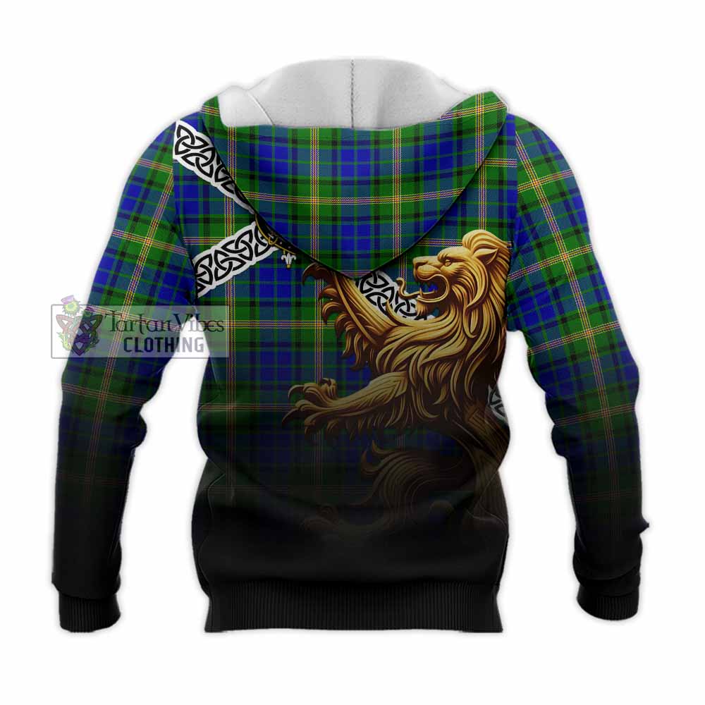 Tartan Vibes Clothing Maitland Crest Tartan Knitted Hoodie with Golden Lion Emblem Celtic Style