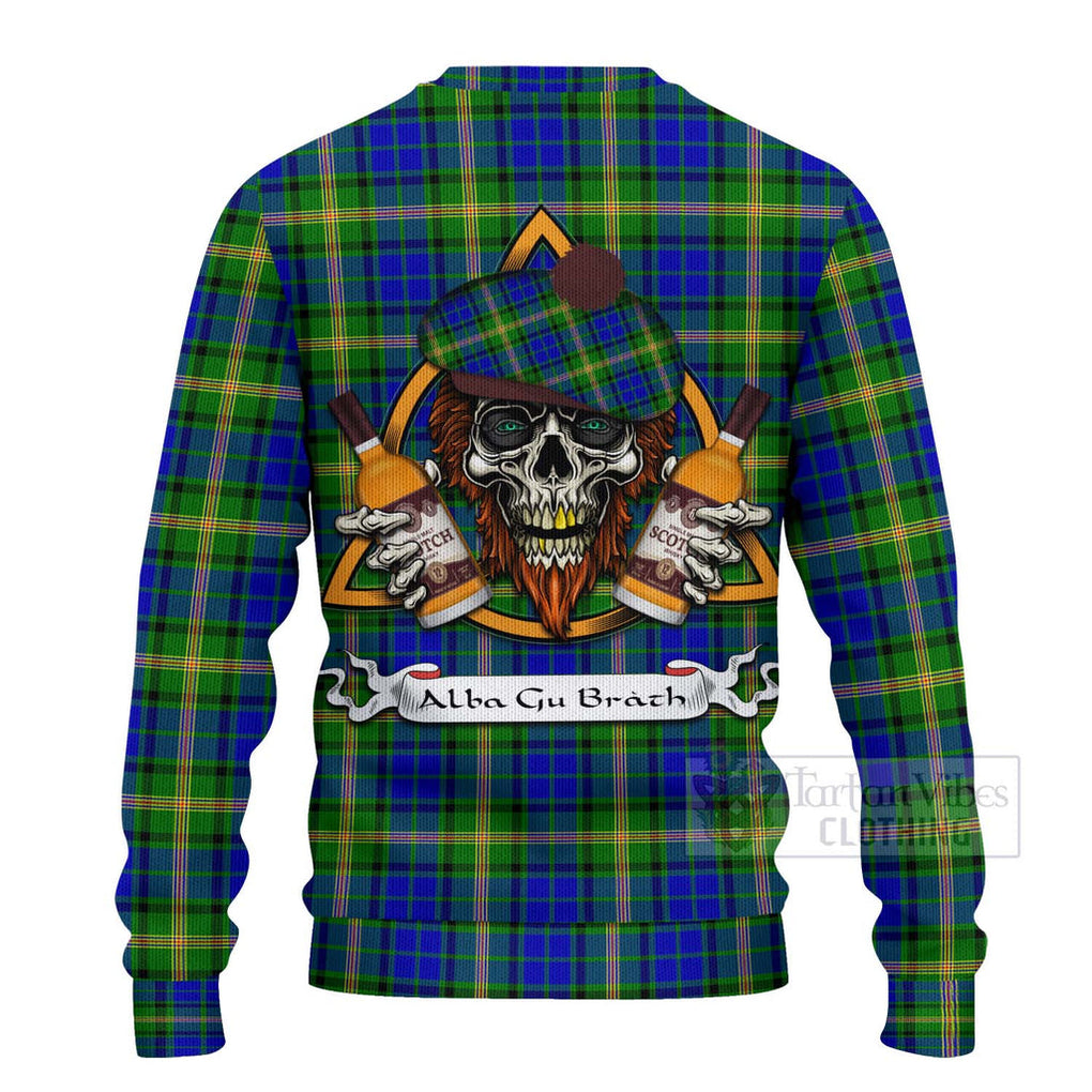 Tartan Vibes Clothing Maitland Tartan Knitted Sweater with Family Crest and Bearded Skull Holding Bottles of Whiskey
