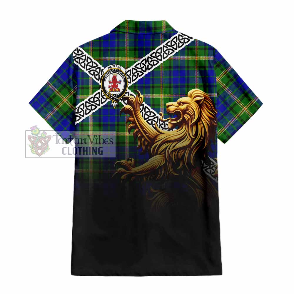 Tartan Vibes Clothing Maitland Crest Tartan Short Sleeve Button Shirt with Golden Lion Emblem Celtic Style