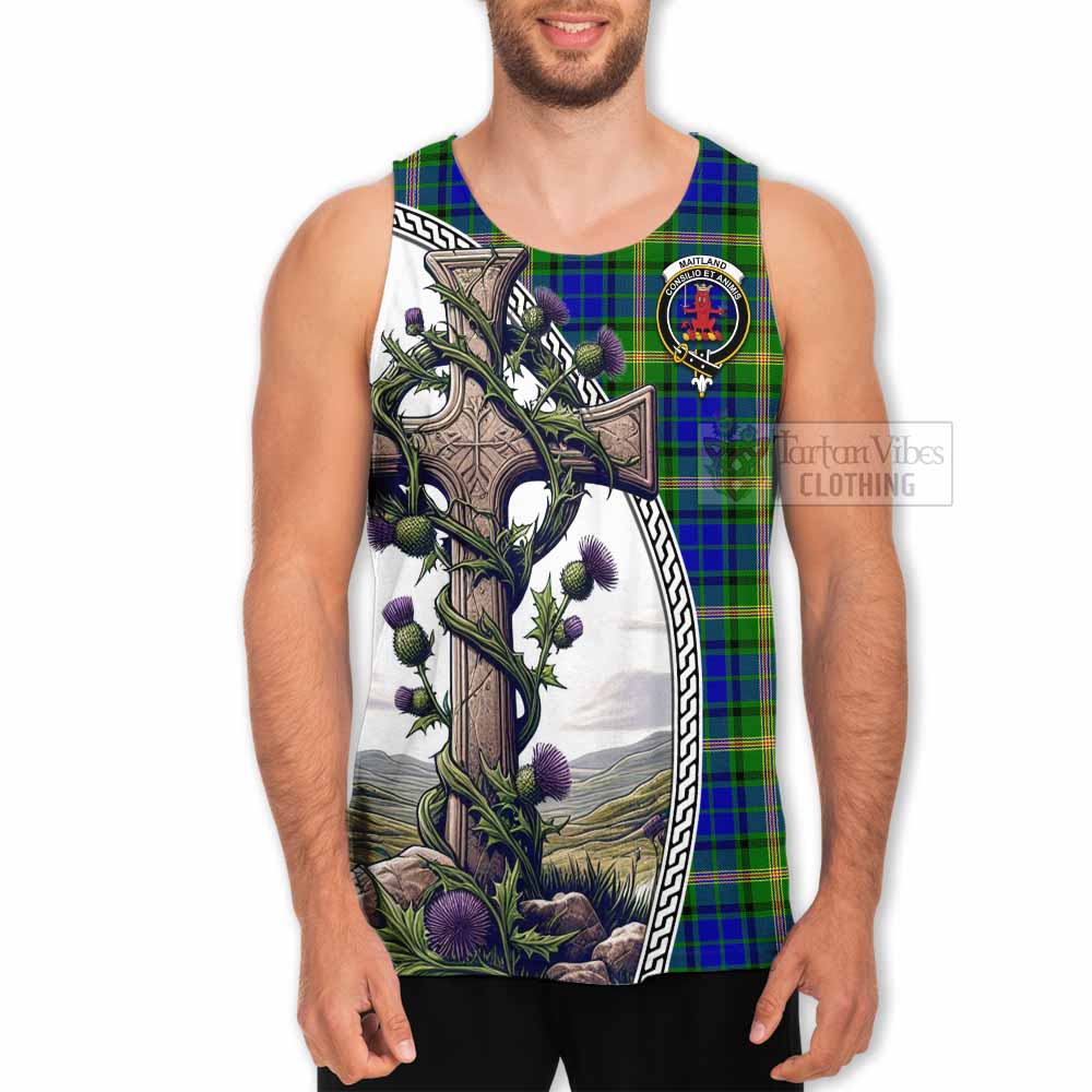 Tartan Vibes Clothing Maitland Tartan Men's Tank Top with Family Crest and St. Andrew's Cross Accented by Thistle Vines