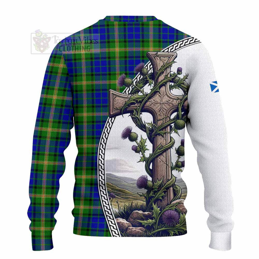 Tartan Vibes Clothing Maitland Tartan Knitted Sweater with Family Crest and St. Andrew's Cross Accented by Thistle Vines