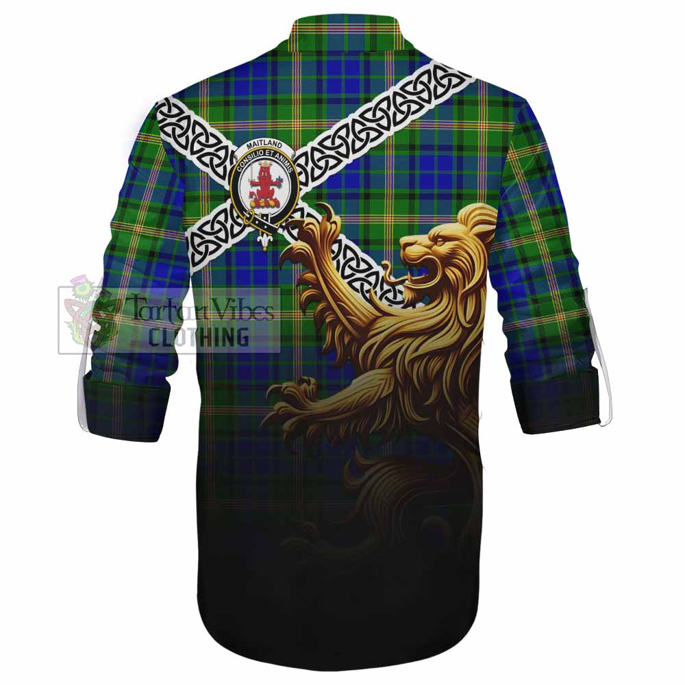 Tartan Vibes Clothing Maitland Crest Tartan Ghillie Kilt Shirt with Golden Lion Emblem Celtic Style