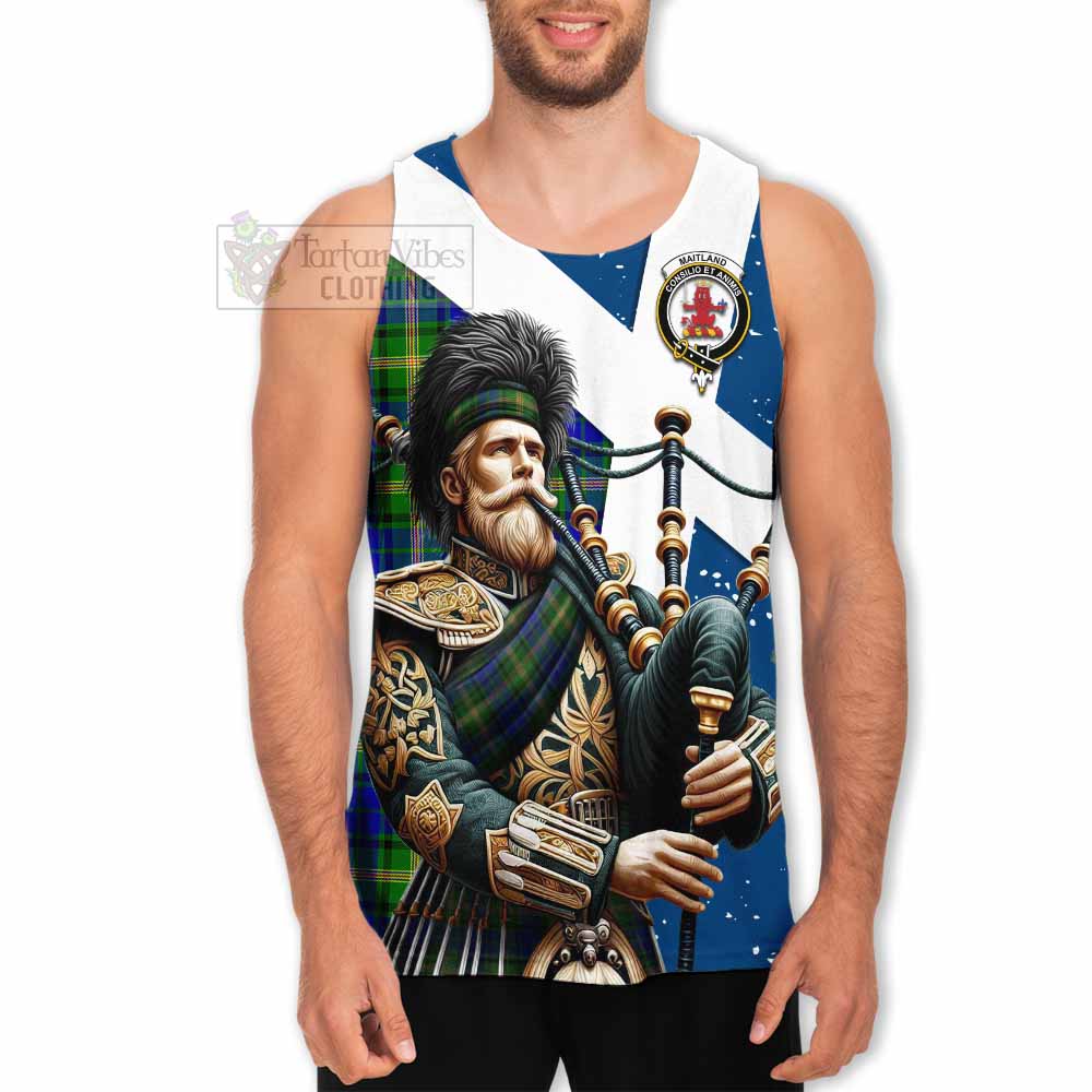 Maitland Tartan Men's Tank Top with Family Crest Scottish Bagpiper Vibes