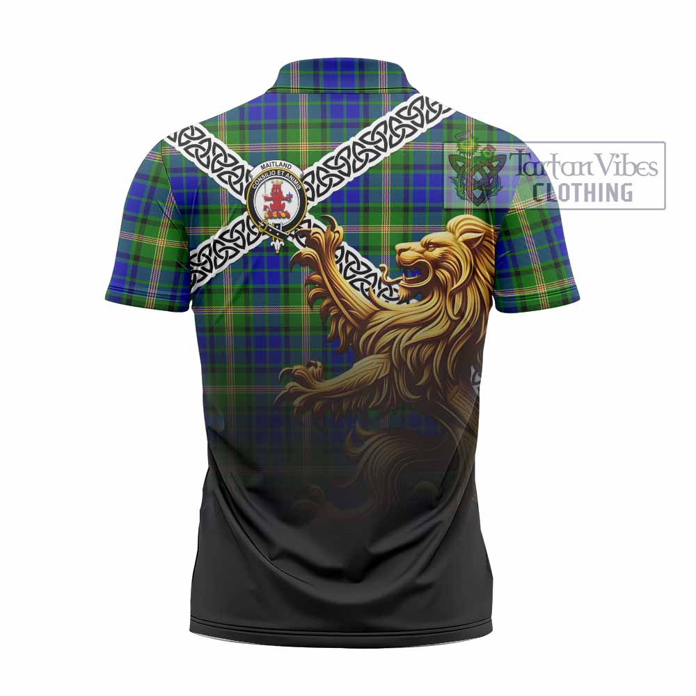 Tartan Vibes Clothing Maitland Crest Tartan Zipper Polo Shirt with Golden Lion Emblem Celtic Style