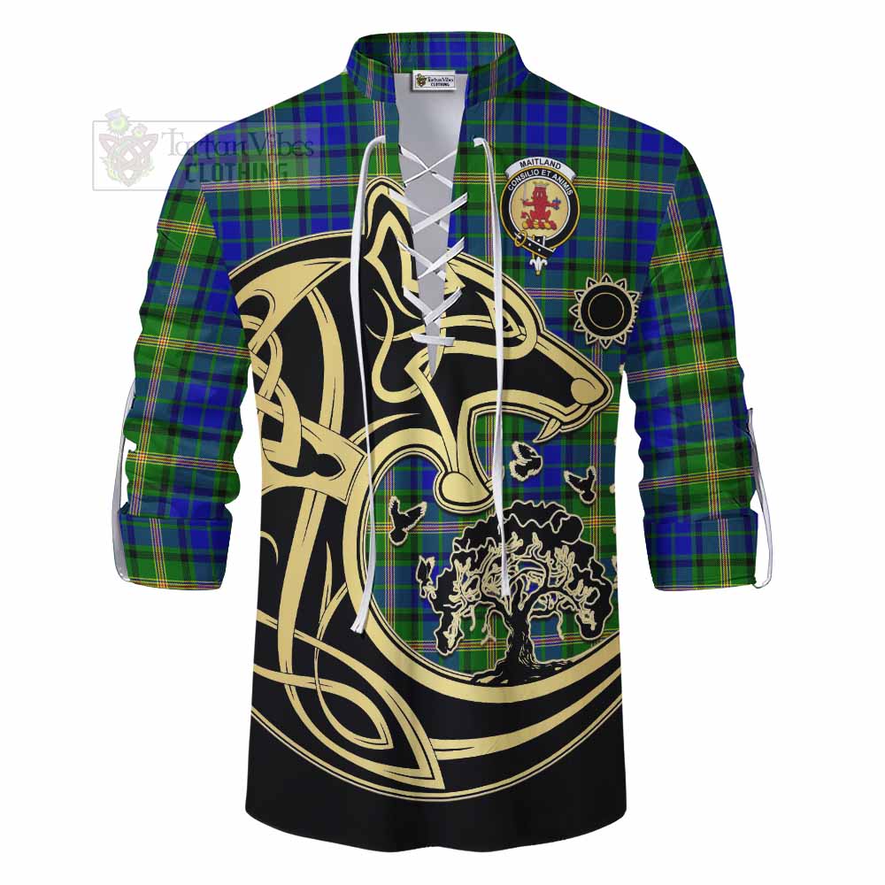 Tartan Vibes Clothing Maitland Tartan Ghillie Kilt Shirt with Family Crest Celtic Wolf Style