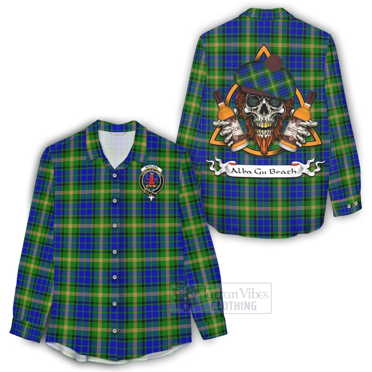 Tartan Vibes Clothing Maitland Tartan Women's Casual Shirt with Family Crest and Bearded Skull Holding Bottles of Whiskey
