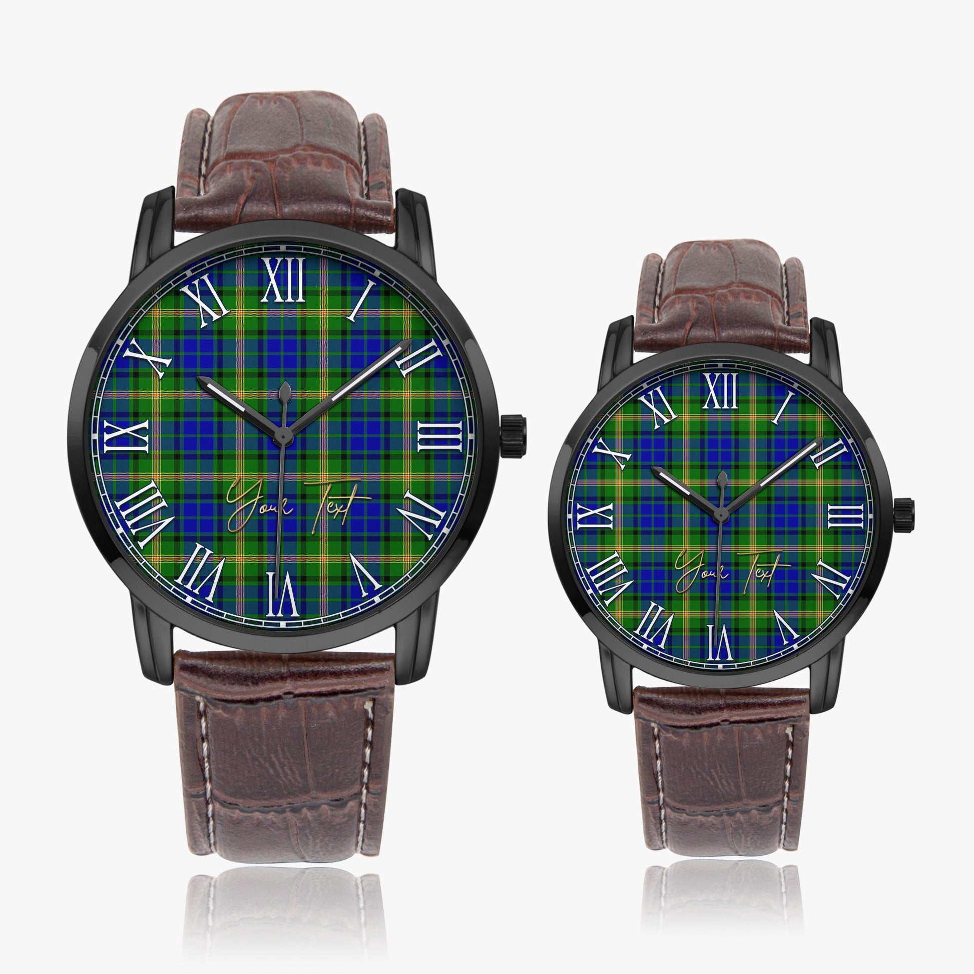 Maitland Tartan Personalized Your Text Leather Trap Quartz Watch Wide Type Black Case With Brown Leather Strap - Tartanvibesclothing
