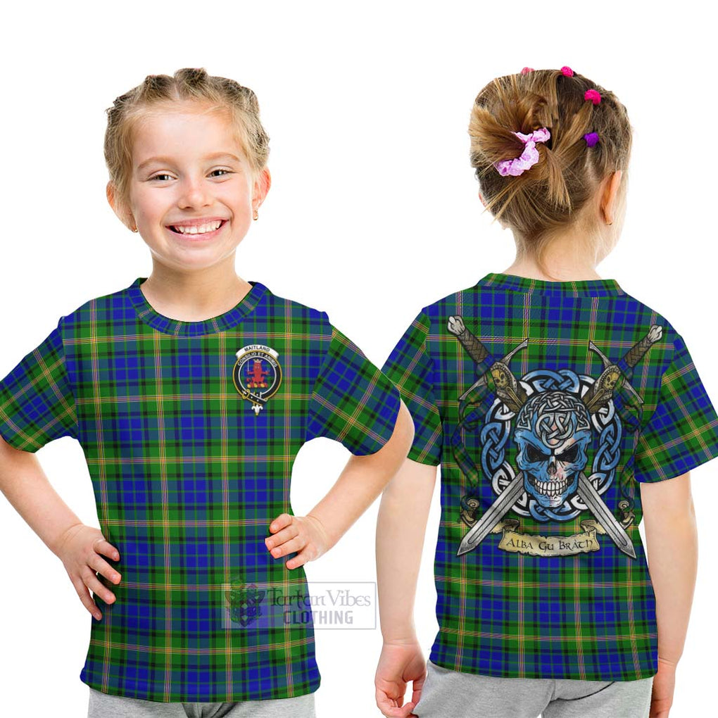 Tartan Vibes Clothing Maitland Tartan Kid T-Shirt with Family Crest Celtic Skull Style
