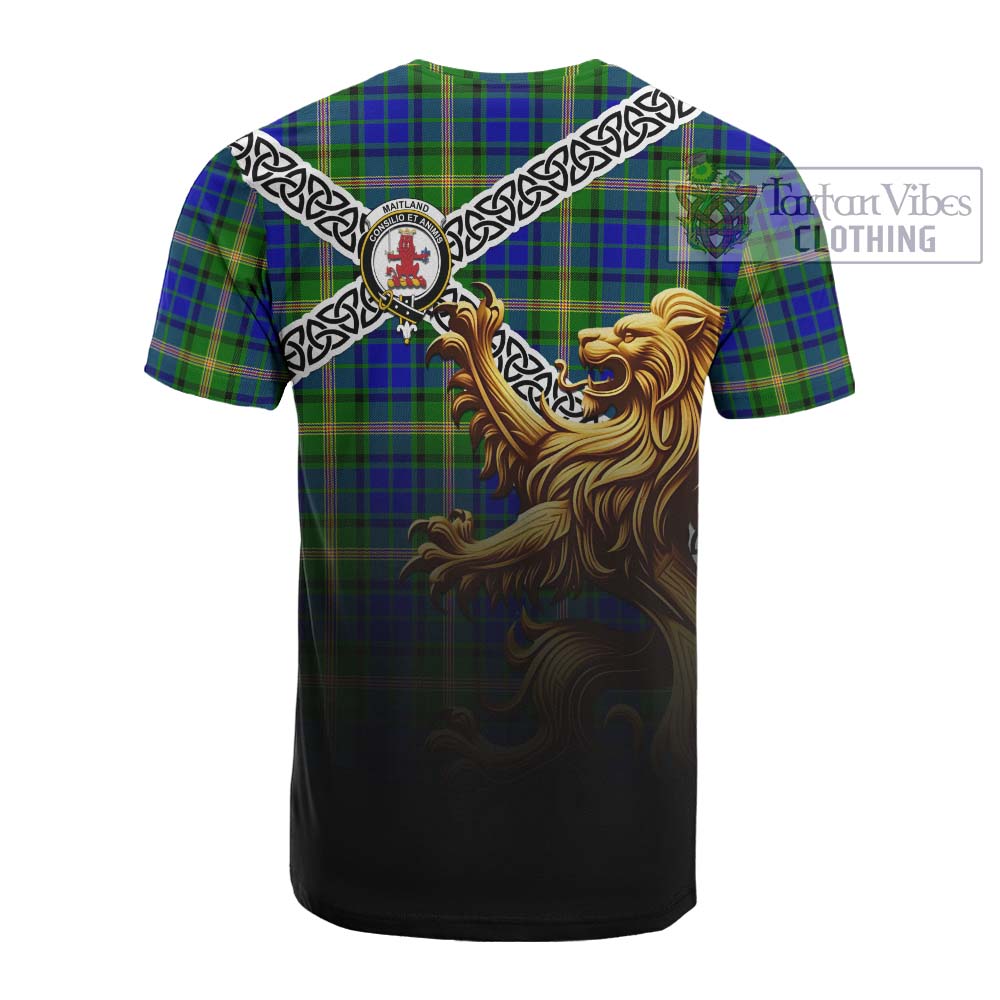 Tartan Vibes Clothing Maitland Crest Tartan Cotton T-shirt with Golden Lion Emblem Celtic Style