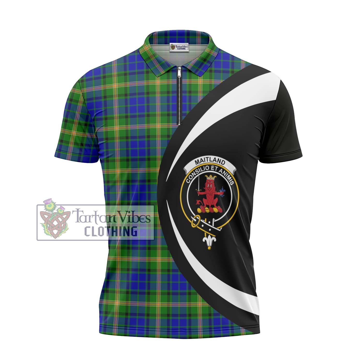 Maitland Tartan Zipper Polo Shirt with Family Crest Circle Style - Tartan Vibes Clothing