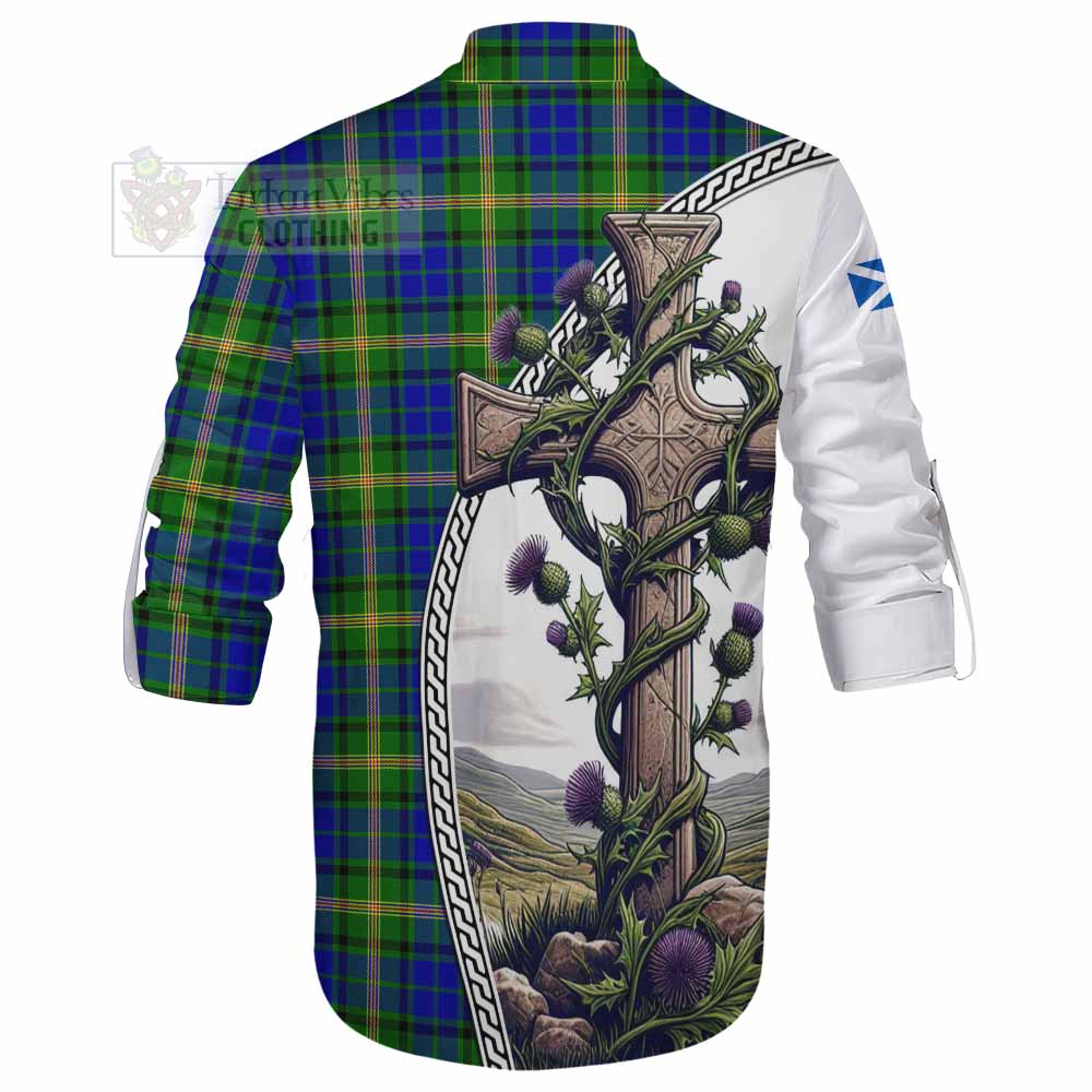Tartan Vibes Clothing Maitland Tartan Ghillie Kilt Shirt with Family Crest and St. Andrew's Cross Accented by Thistle Vines
