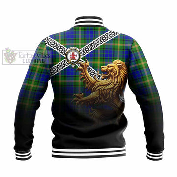 Maitland Crest Tartan Baseball Jacket with Golden Lion Emblem Celtic Style