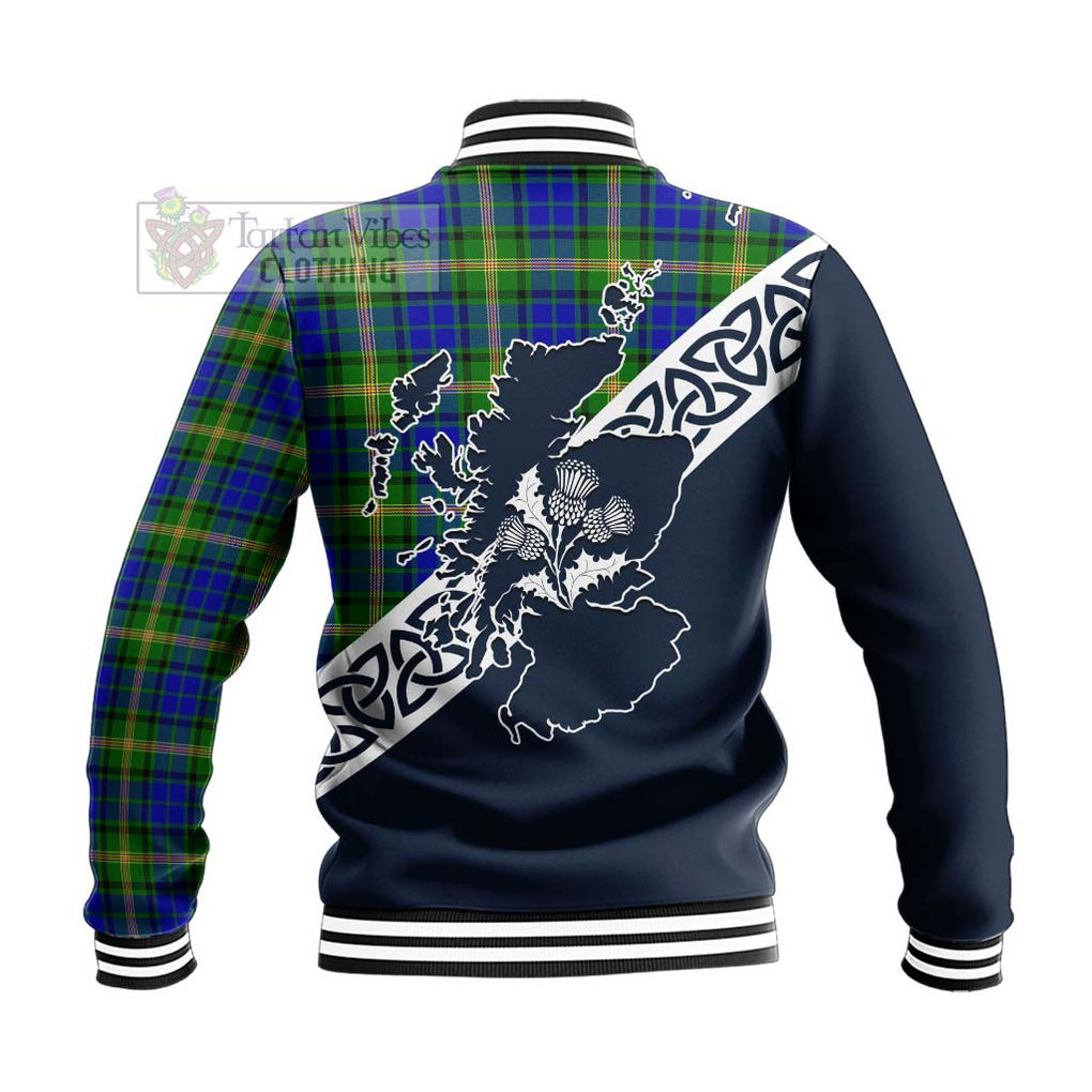 Tartan Vibes Clothing Maitland Tartan Baseball Jacket Featuring Thistle and Scotland Map