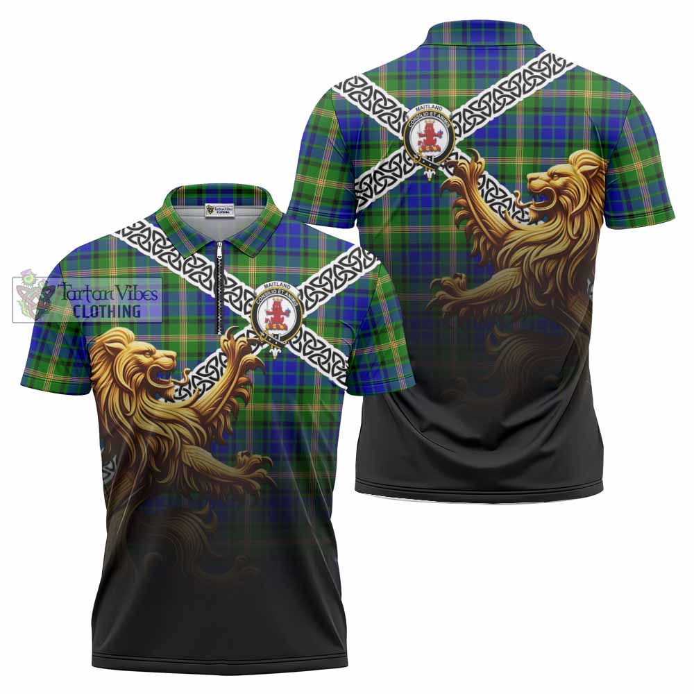 Tartan Vibes Clothing Maitland Crest Tartan Zipper Polo Shirt with Golden Lion Emblem Celtic Style