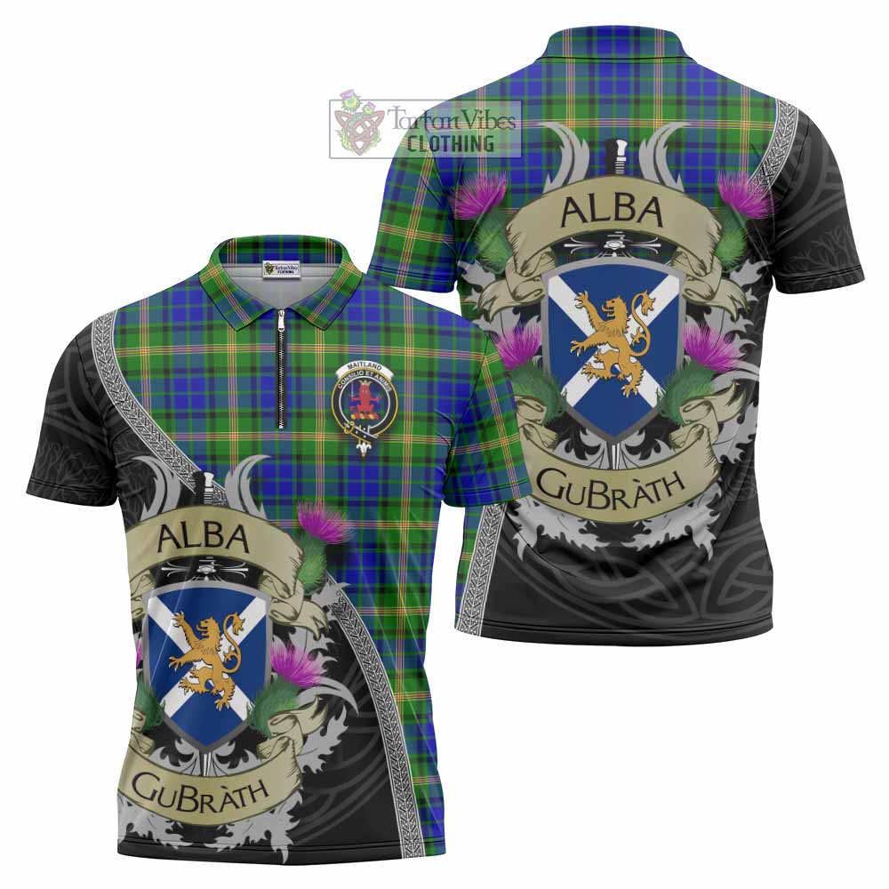 Tartan Vibes Clothing Maitland Tartan Family Crest Zipper Polo Shirt Lion Rampant Royal Thistle Shield Celtic Inspired