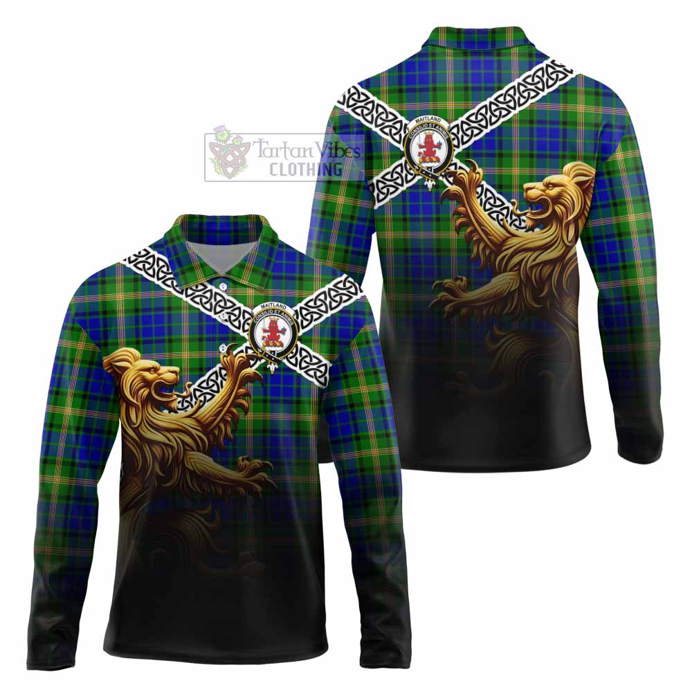 Tartan Vibes Clothing Maitland Crest Tartan Long Sleeve Polo Shirt with Golden Lion Emblem Celtic Style