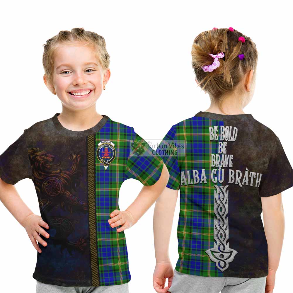 Tartan Vibes Clothing Maitland Tartan Family Crest Kid T-Shirt Alba Gu Brath Be Brave Lion Ancient Style