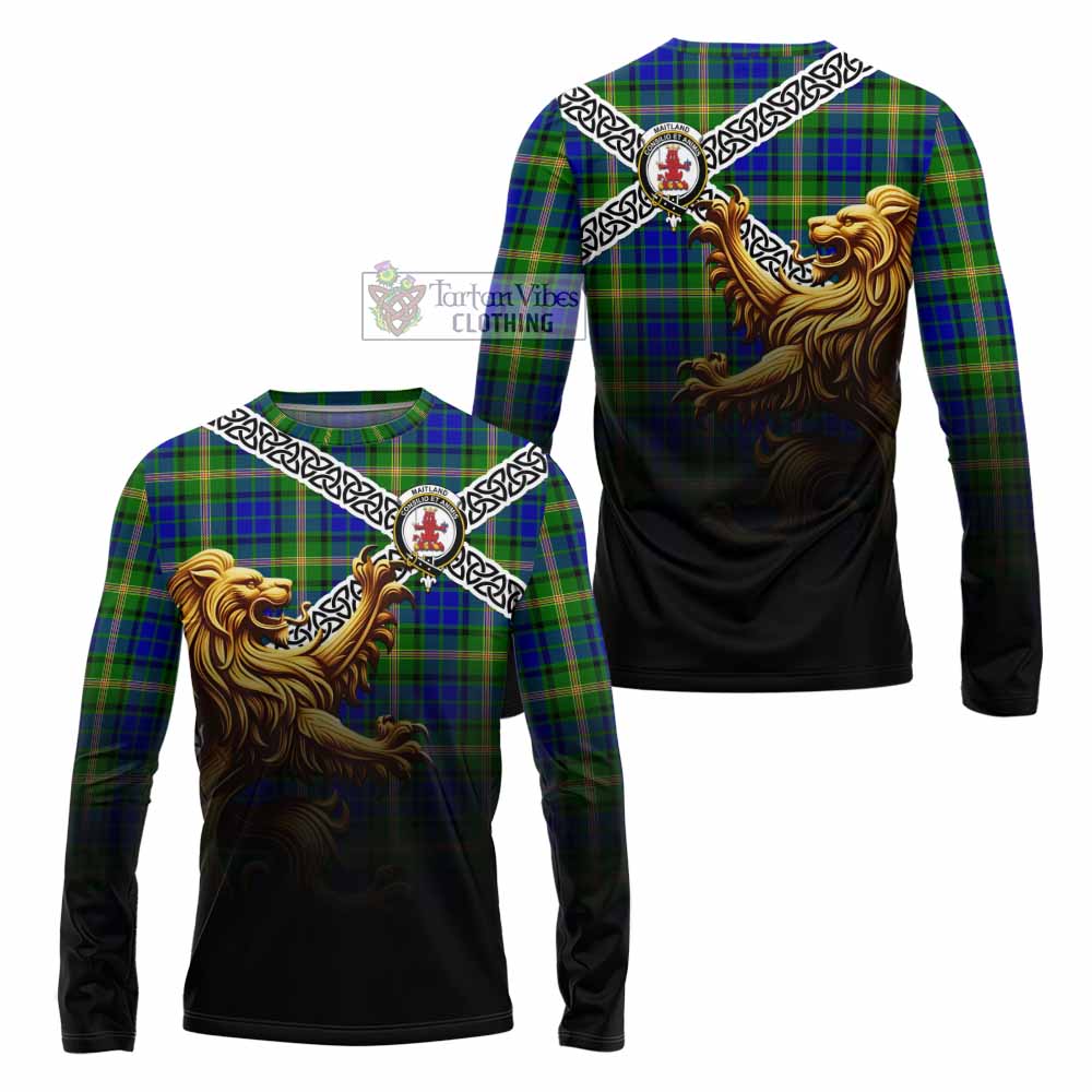 Tartan Vibes Clothing Maitland Crest Tartan Long Sleeve T-Shirt with Golden Lion Emblem Celtic Style