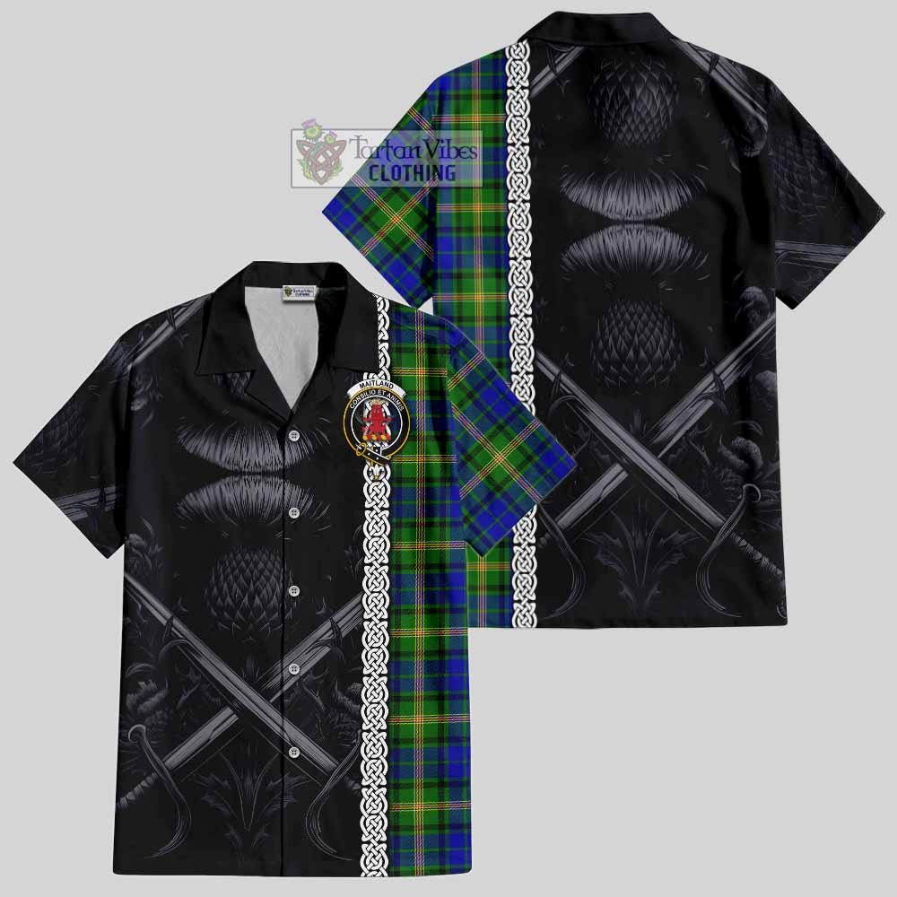 Tartan Vibes Clothing Maitland Tartan Short Sleeve Button Shirt with Family Crest Cross Sword Thistle Celtic Vibes