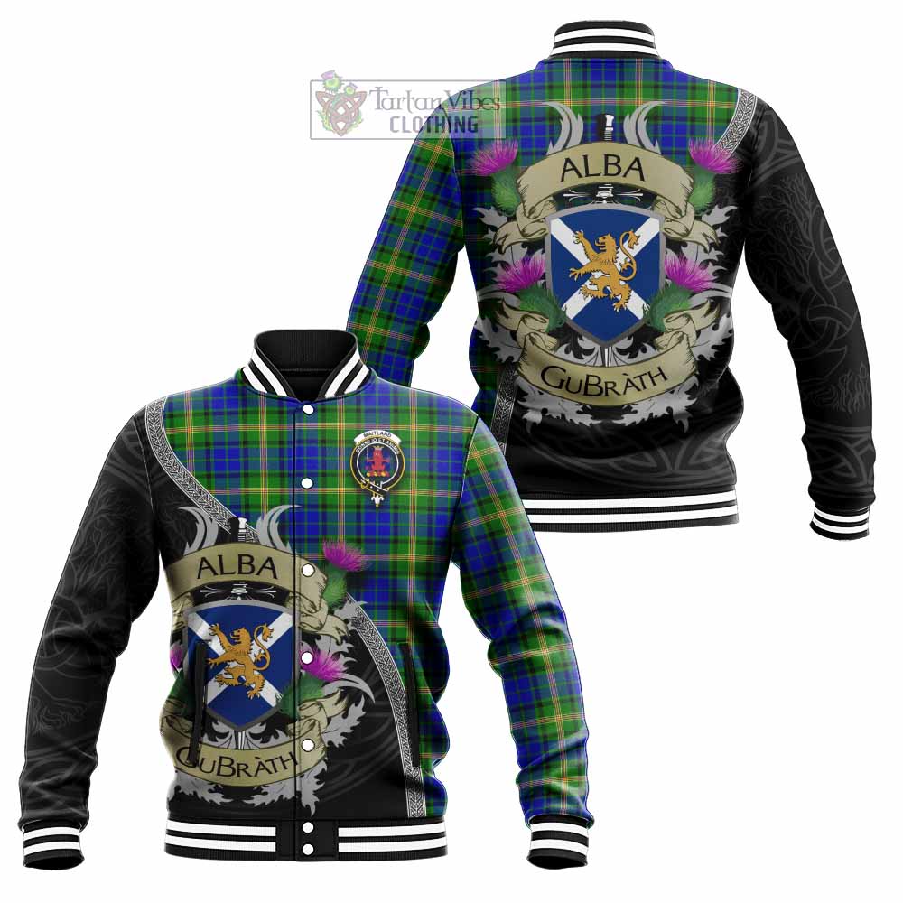 Tartan Vibes Clothing Maitland Tartan Family Crest Baseball Jacket Lion Rampant Royal Thistle Shield Celtic Inspired