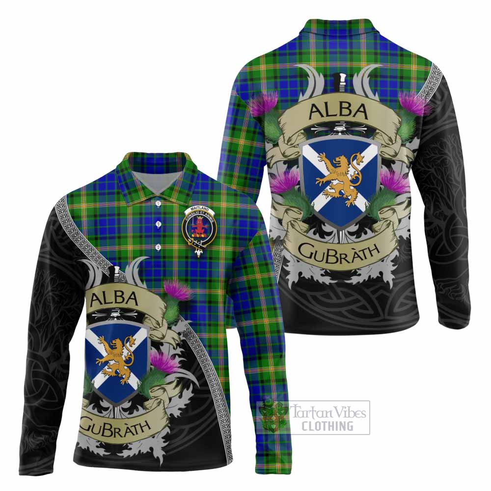 Tartan Vibes Clothing Maitland Tartan Family Crest Long Sleeve Polo Shirt Lion Rampant Royal Thistle Shield Celtic Inspired