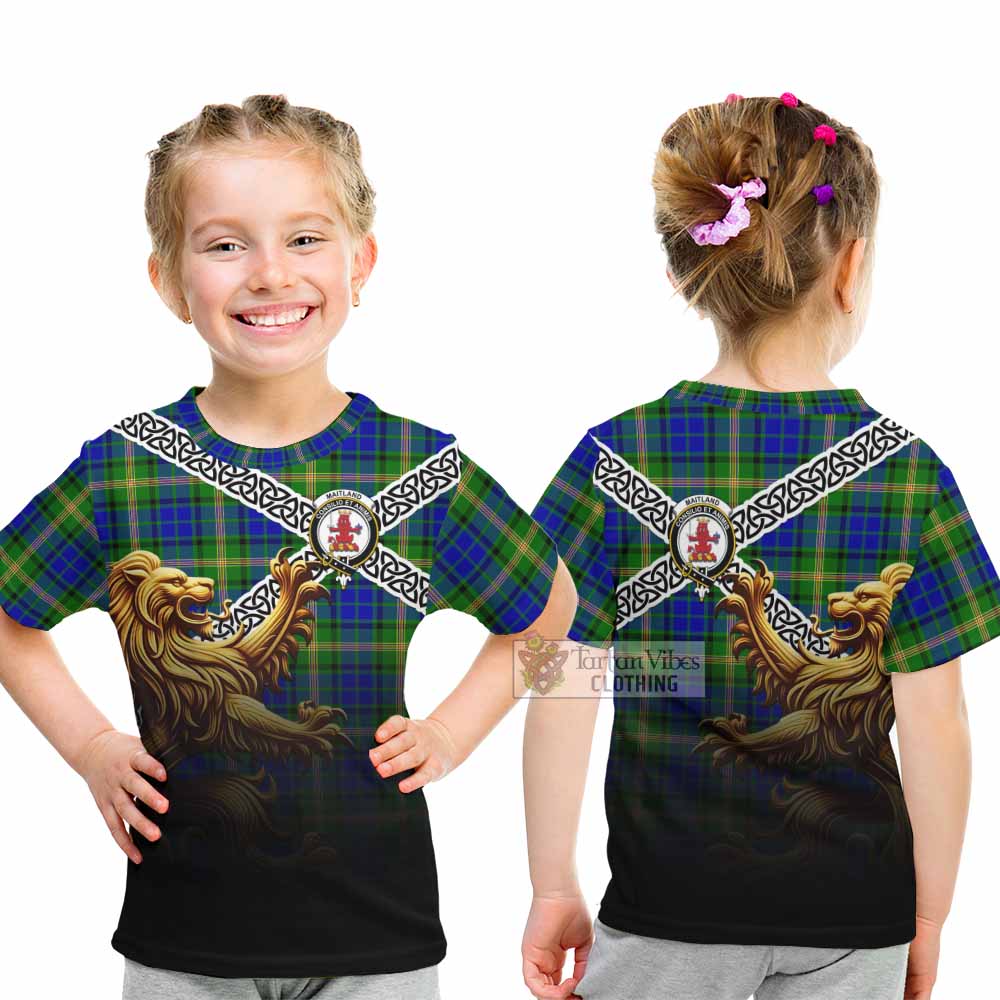 Tartan Vibes Clothing Maitland Crest Tartan Kid T-Shirt with Golden Lion Emblem Celtic Style