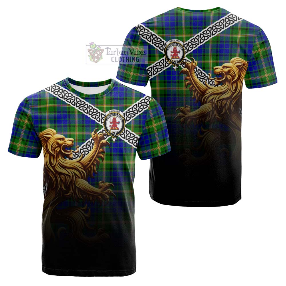 Tartan Vibes Clothing Maitland Crest Tartan Cotton T-shirt with Golden Lion Emblem Celtic Style