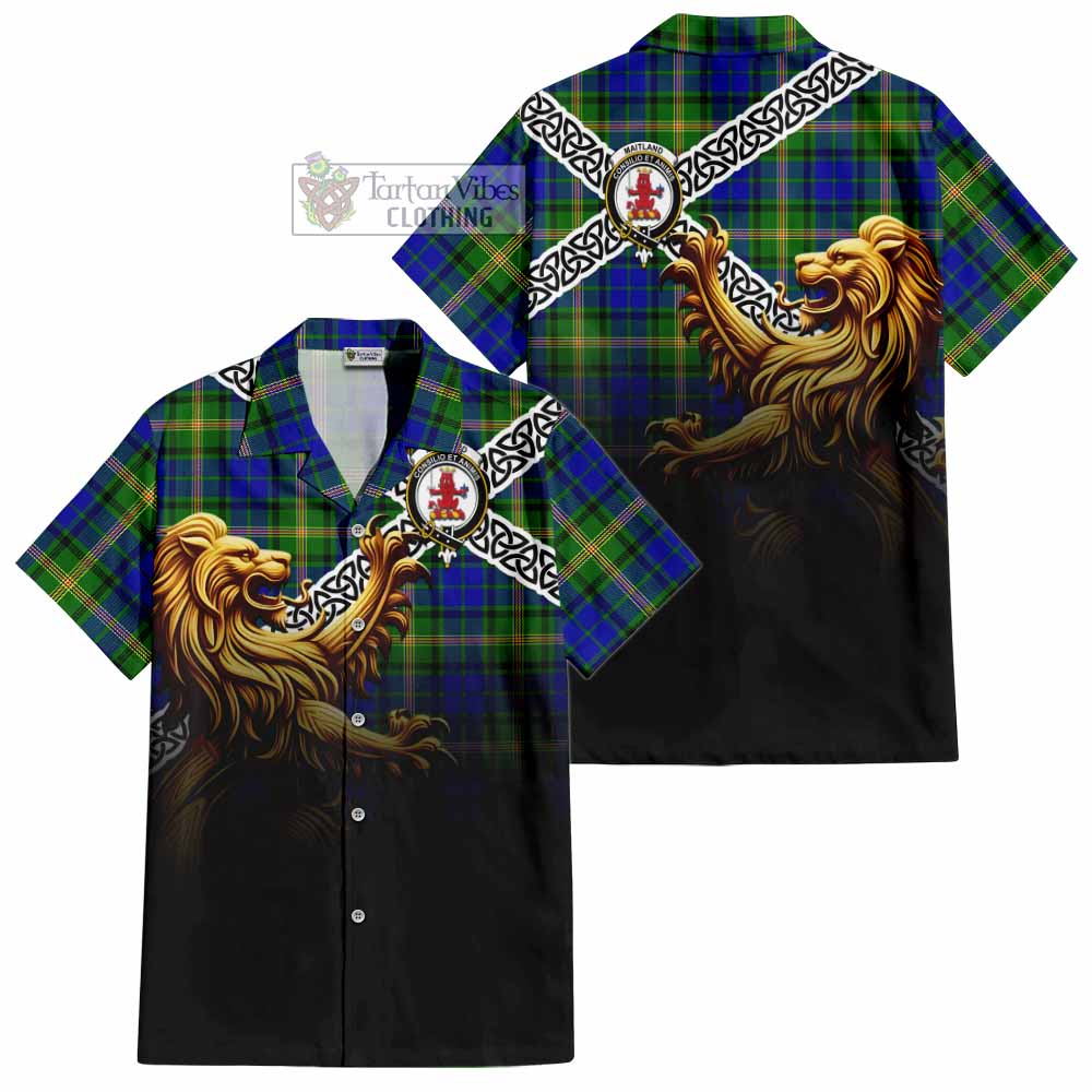 Tartan Vibes Clothing Maitland Crest Tartan Short Sleeve Button Shirt with Golden Lion Emblem Celtic Style