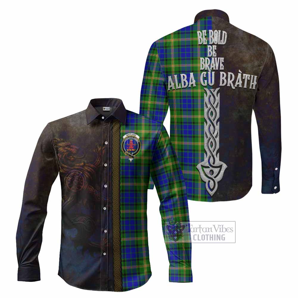 Tartan Vibes Clothing Maitland Tartan Family Crest Long Sleeve Button Shirt Alba Gu Brath Be Brave Lion Ancient Style
