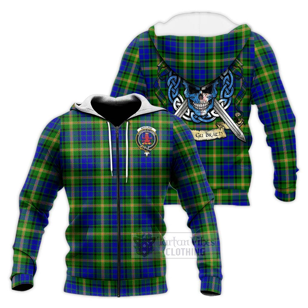 Tartan Vibes Clothing Maitland Tartan Knitted Hoodie with Family Crest Celtic Skull Style