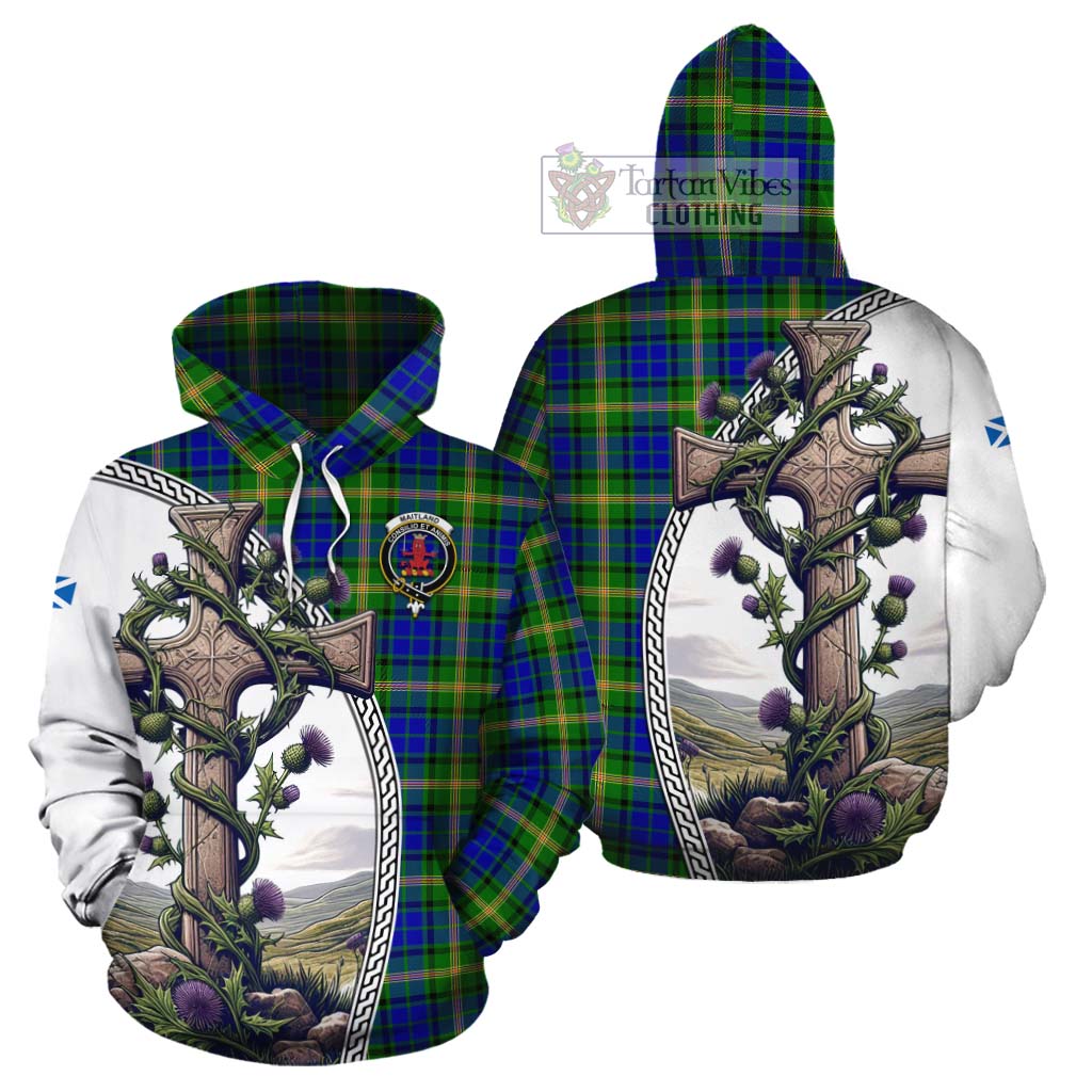 Tartan Vibes Clothing Maitland Tartan Cotton Hoodie with Family Crest and St. Andrew's Cross Accented by Thistle Vines