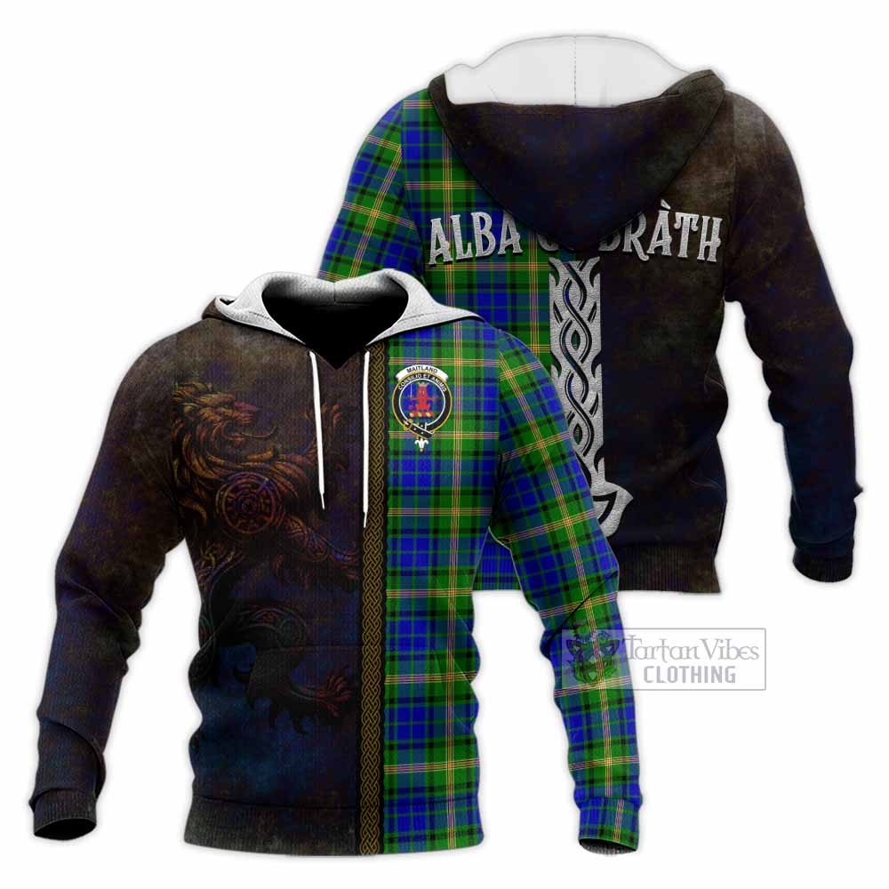 Tartan Vibes Clothing Maitland Tartan Family Crest Knitted Hoodie Alba Gu Brath Be Brave Lion Ancient Style