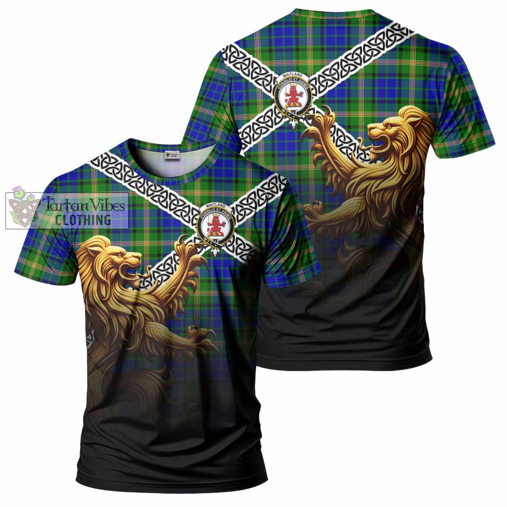 Tartan Vibes Clothing Maitland Crest Tartan T-Shirt with Golden Lion Emblem Celtic Style