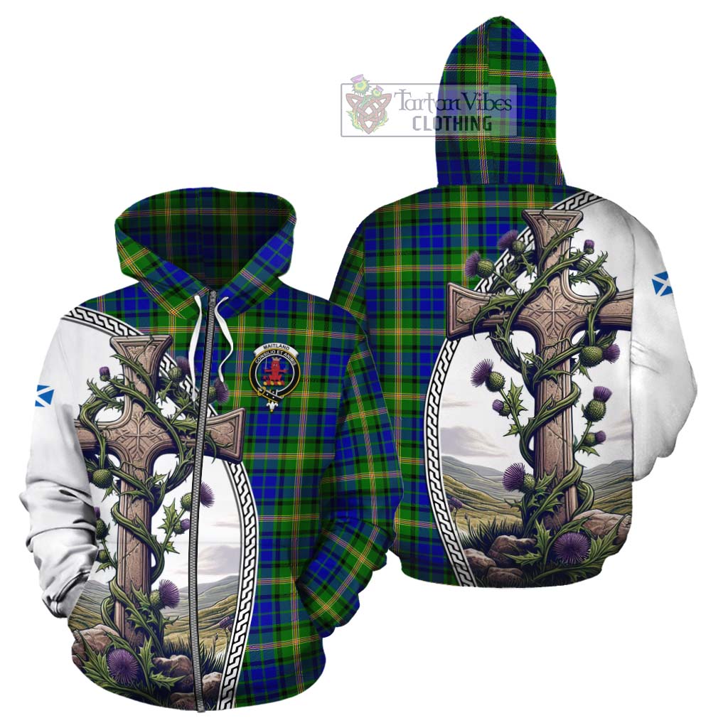 Tartan Vibes Clothing Maitland Tartan Cotton Hoodie with Family Crest and St. Andrew's Cross Accented by Thistle Vines
