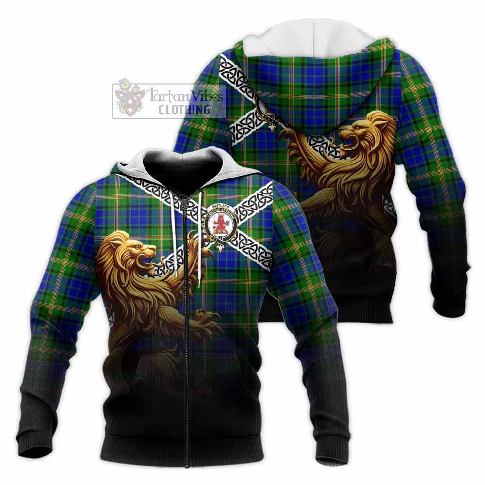 Tartan Vibes Clothing Maitland Crest Tartan Knitted Hoodie with Golden Lion Emblem Celtic Style