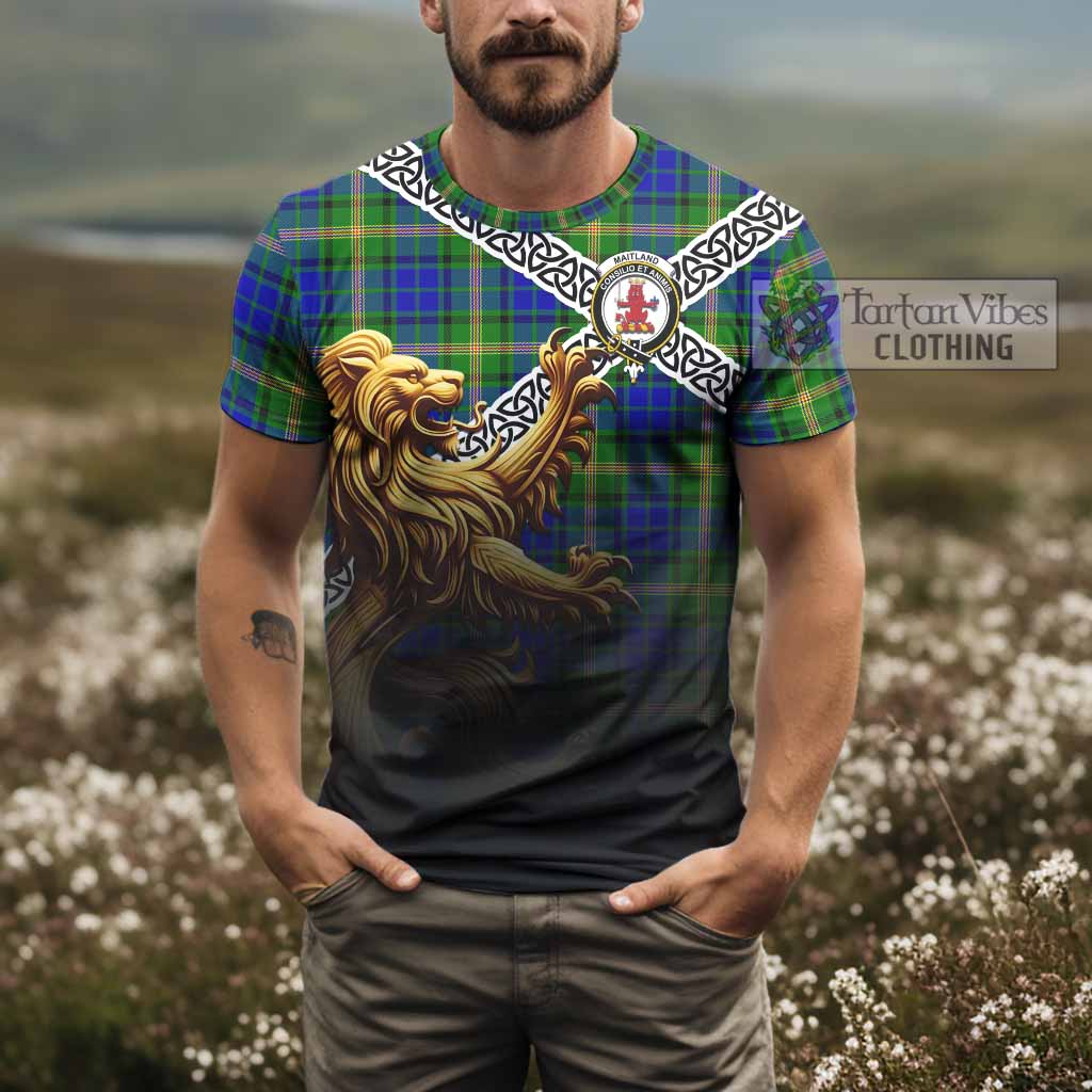 Tartan Vibes Clothing Maitland Crest Tartan T-Shirt with Golden Lion Emblem Celtic Style