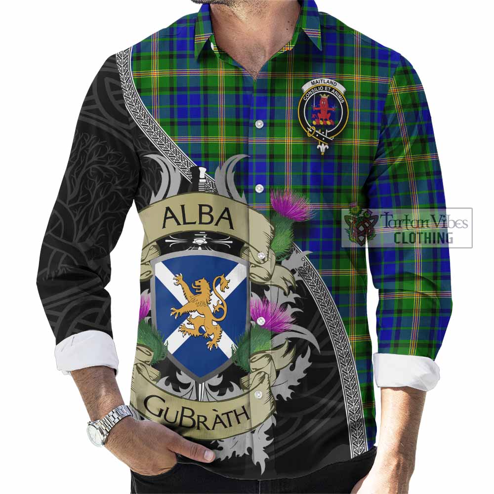 Tartan Vibes Clothing Maitland Tartan Family Crest Long Sleeve Button Shirt Lion Rampant Royal Thistle Shield Celtic Inspired