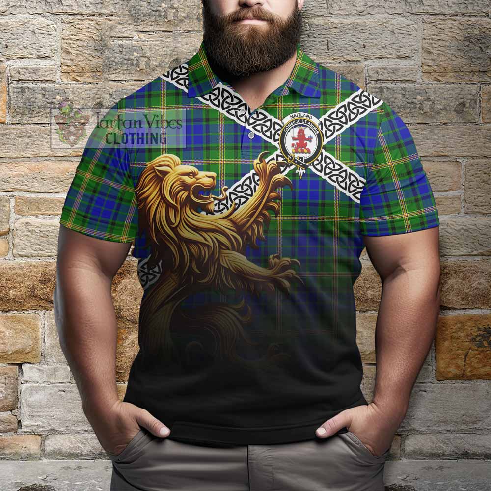 Tartan Vibes Clothing Maitland Crest Tartan Polo Shirt with Golden Lion Emblem Celtic Style