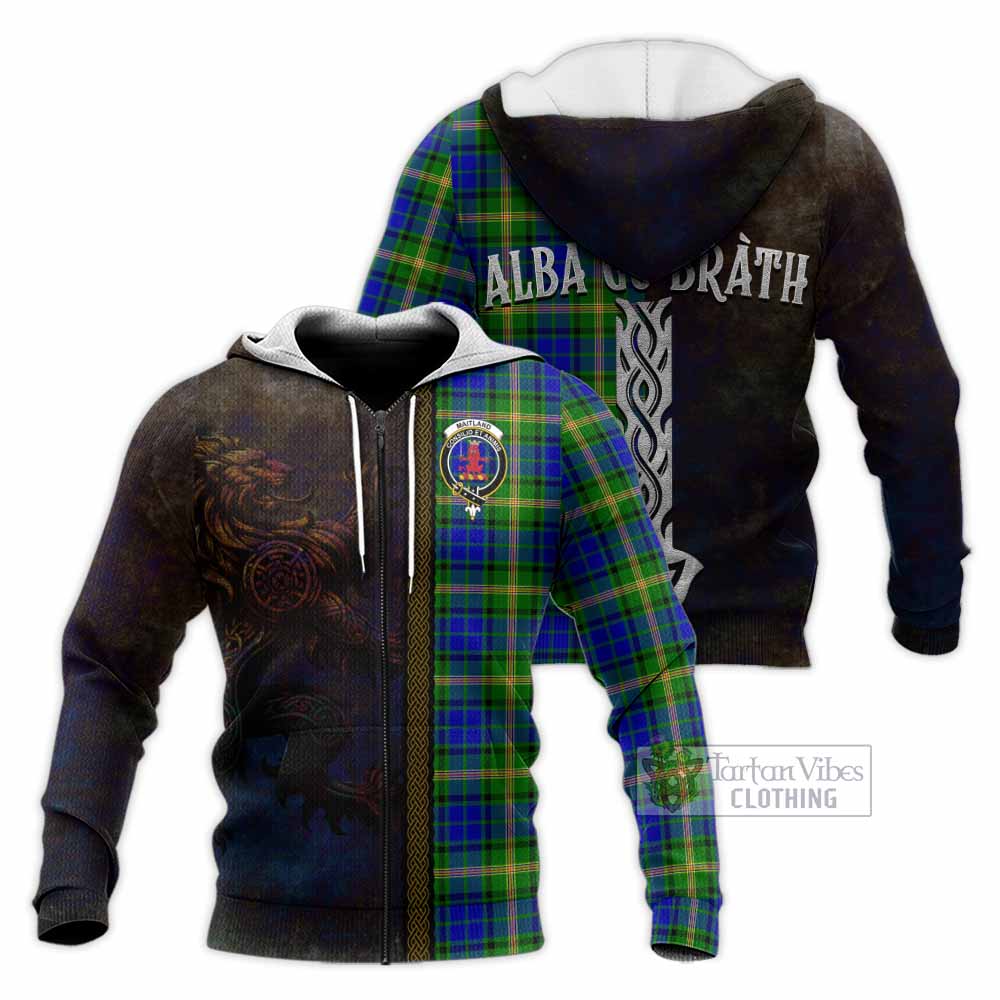 Tartan Vibes Clothing Maitland Tartan Family Crest Knitted Hoodie Alba Gu Brath Be Brave Lion Ancient Style