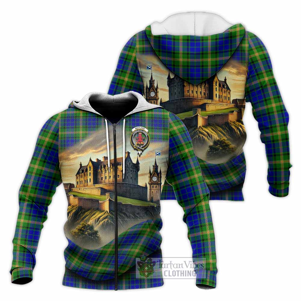 Tartan Vibes Clothing Maitland Tartan Family Crest Knitted Hoodie with Scottish Ancient Castle Style