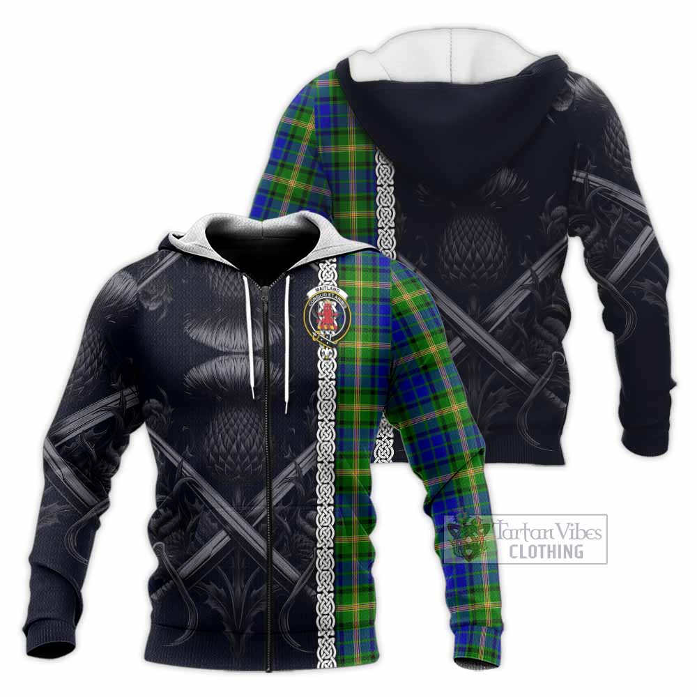 Tartan Vibes Clothing Maitland Tartan Knitted Hoodie with Family Crest Cross Sword Thistle Celtic Vibes